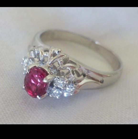 Platinum Natural Ruby Diamond Halo Ring - Picture 4 of 9